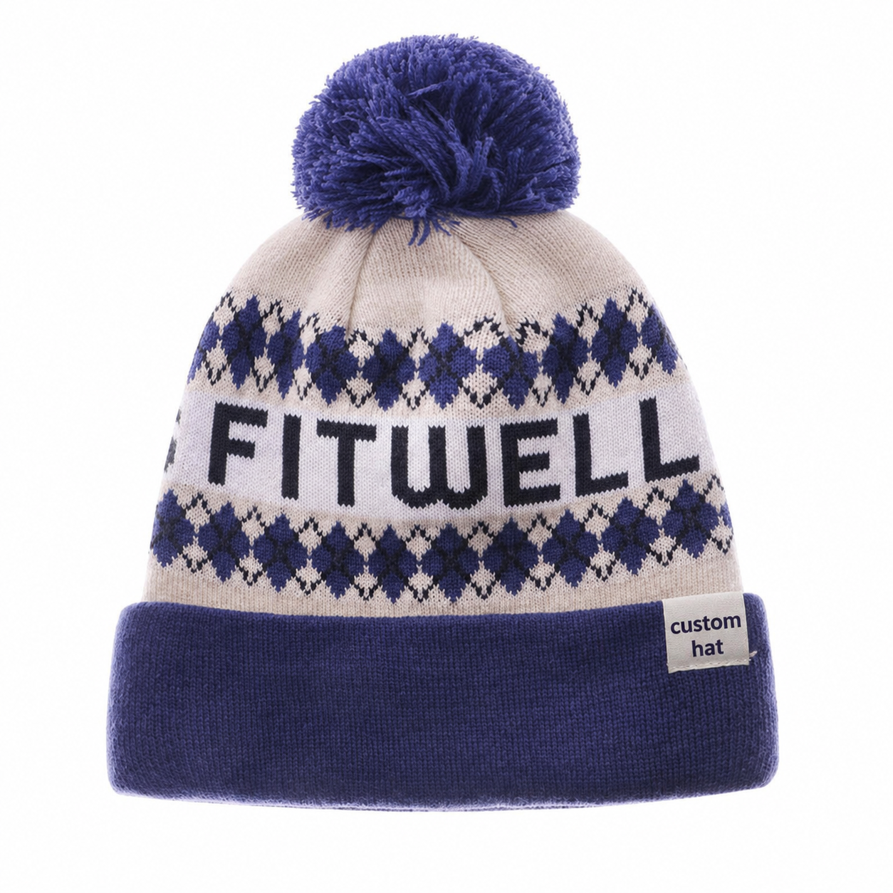 Navy Blue Cream Nordic Jacquard Pom Pom Cuffed Knit Beanie