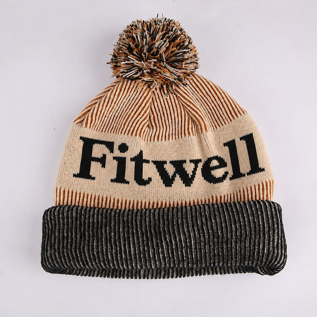 Letter Jacquard Cuffed Pom Pom Knit Beanie Hat