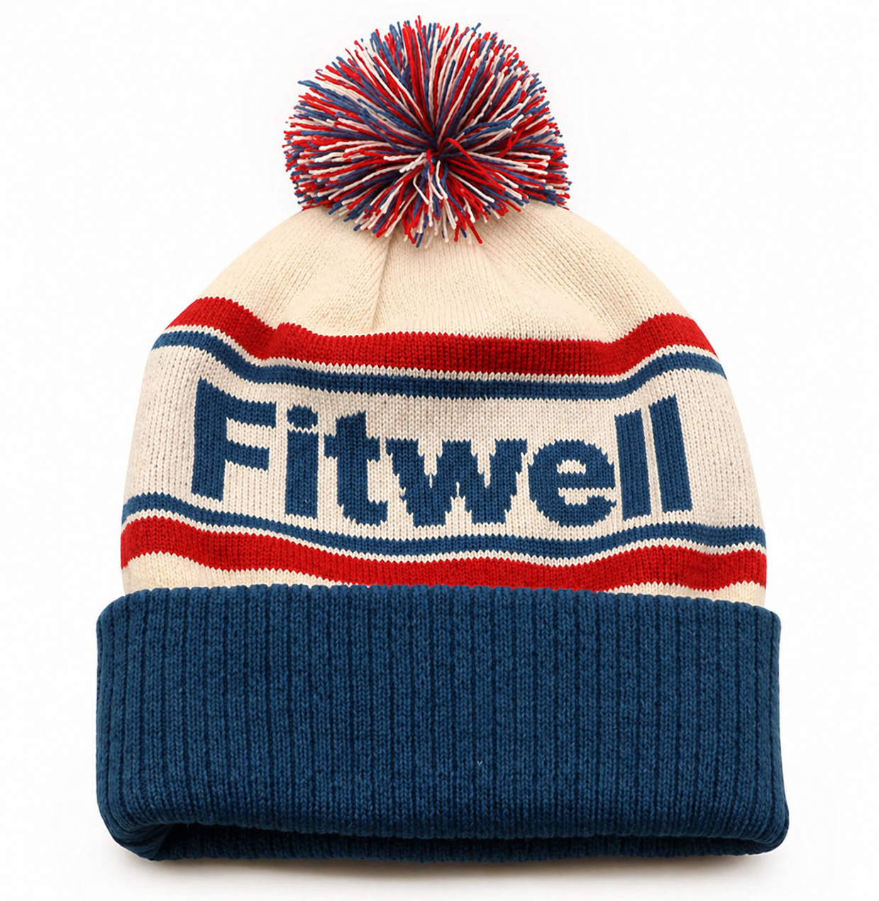 Retro Jacquard Pom Pom Winter Beanie Hat with Bold Letter Design
