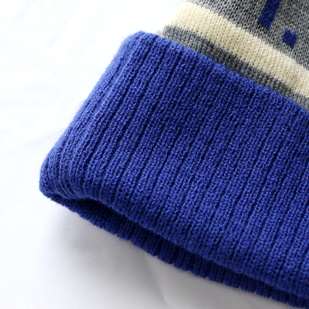 Blue Grey Striped Pom Pom Knitted Beanie Hat with Letter Jacquard Cuff