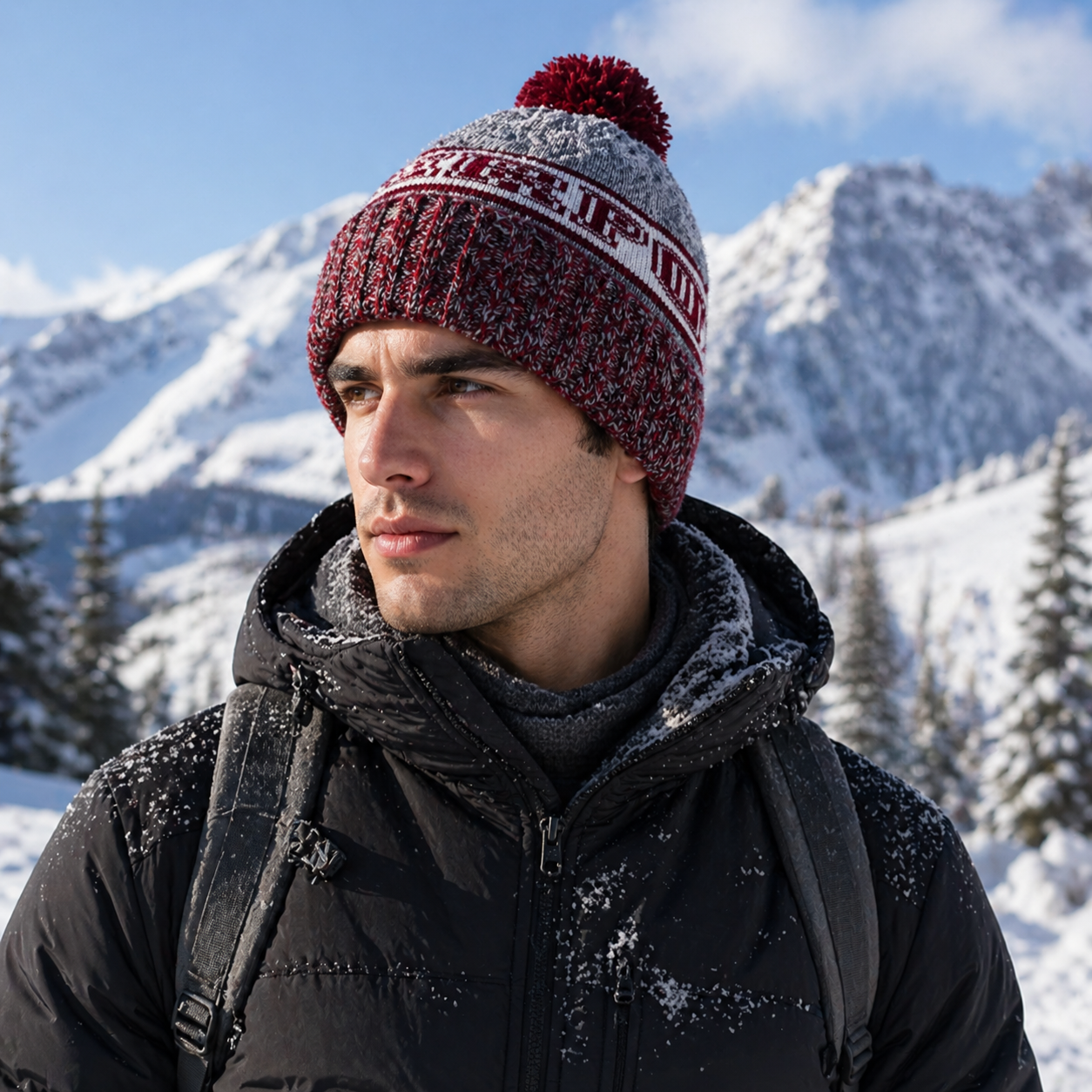 Burgundy Grey Pom Pom Cuffed Jacquard Knit Beanie Hat