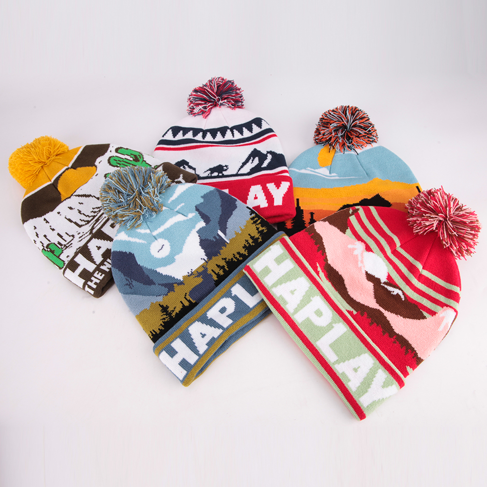 Scenic Landscape Jacquard Pom Pom Cuffed Beanie