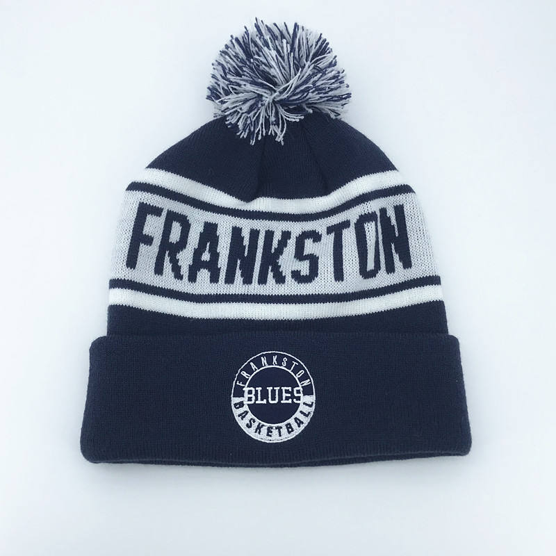 Navy and White Pom Pom Beanie with Frankston Basketball Jacquard Logo