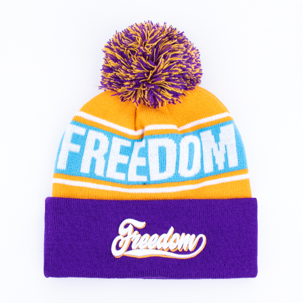 Purple Orange and Sky Blue Freedom Jacquard Pom-Pom Cuffed Beanie