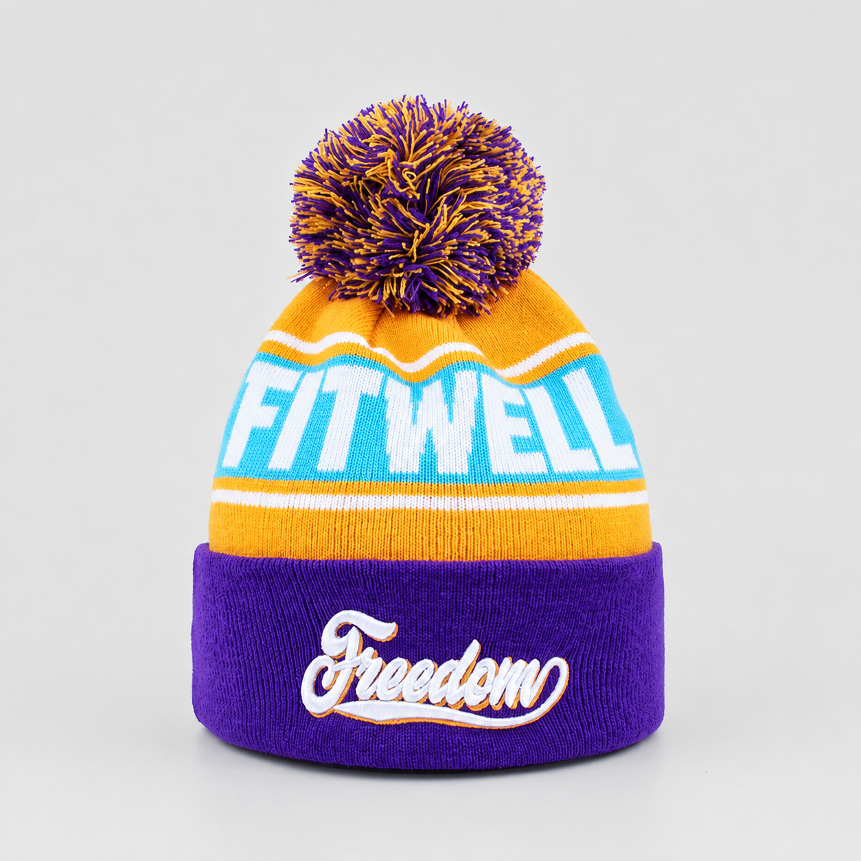 Purple Orange and Sky Blue Freedom Jacquard Pom-Pom Cuffed Beanie