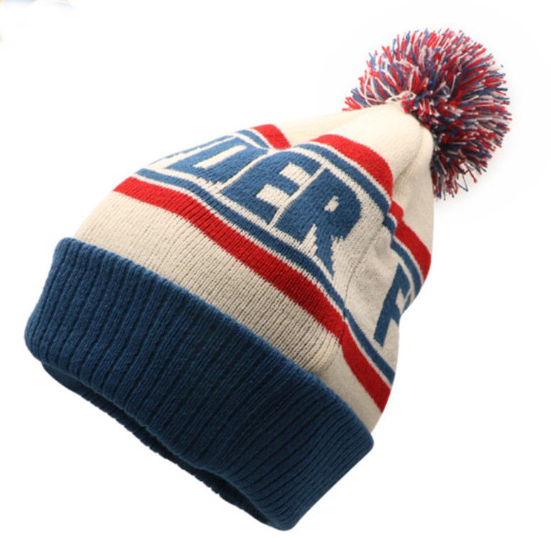 Retro Jacquard Pom Pom Winter Beanie Hat with Bold Letter Design
