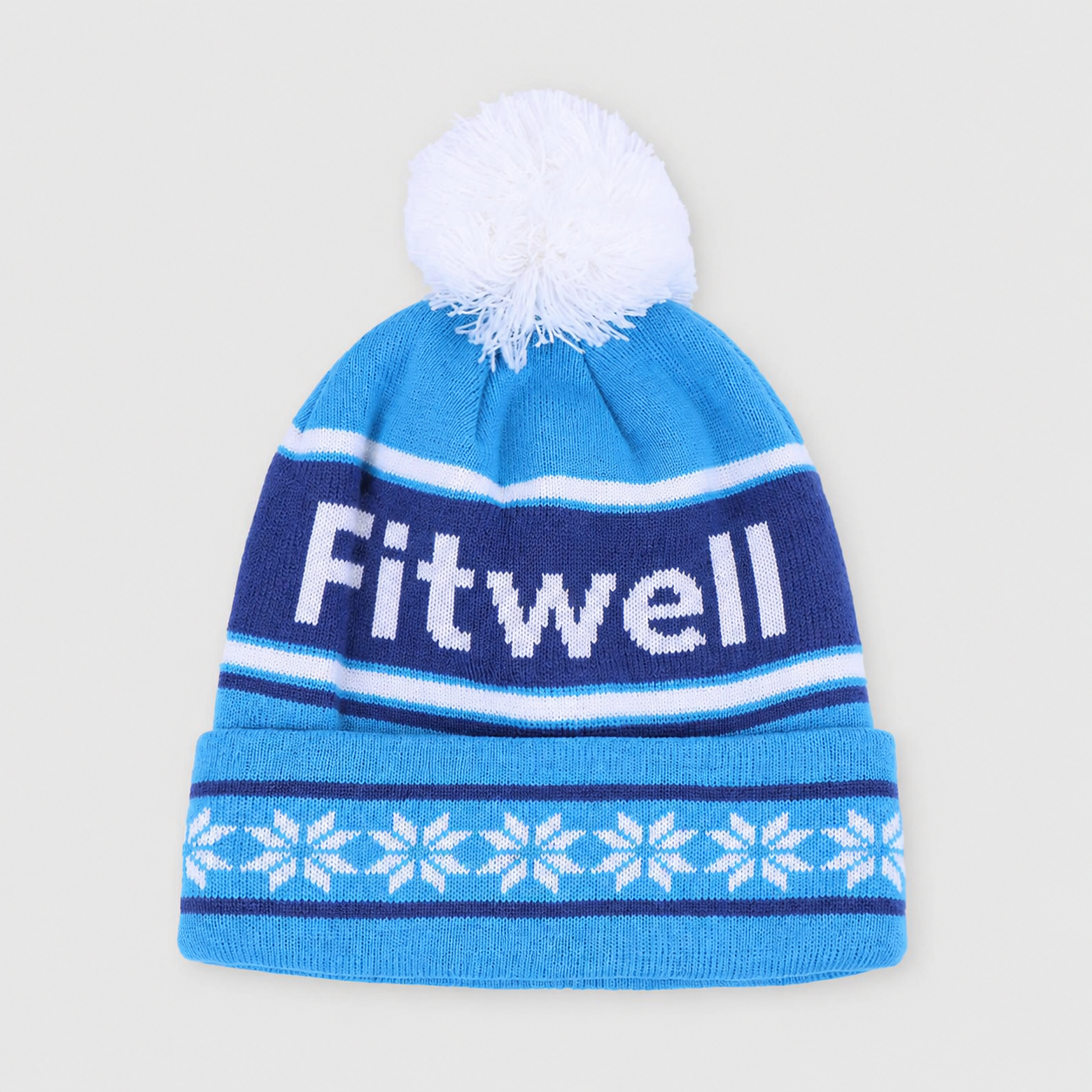 Blue Snowflake Jacquard Pom Pom Cuffed Knit Beanie