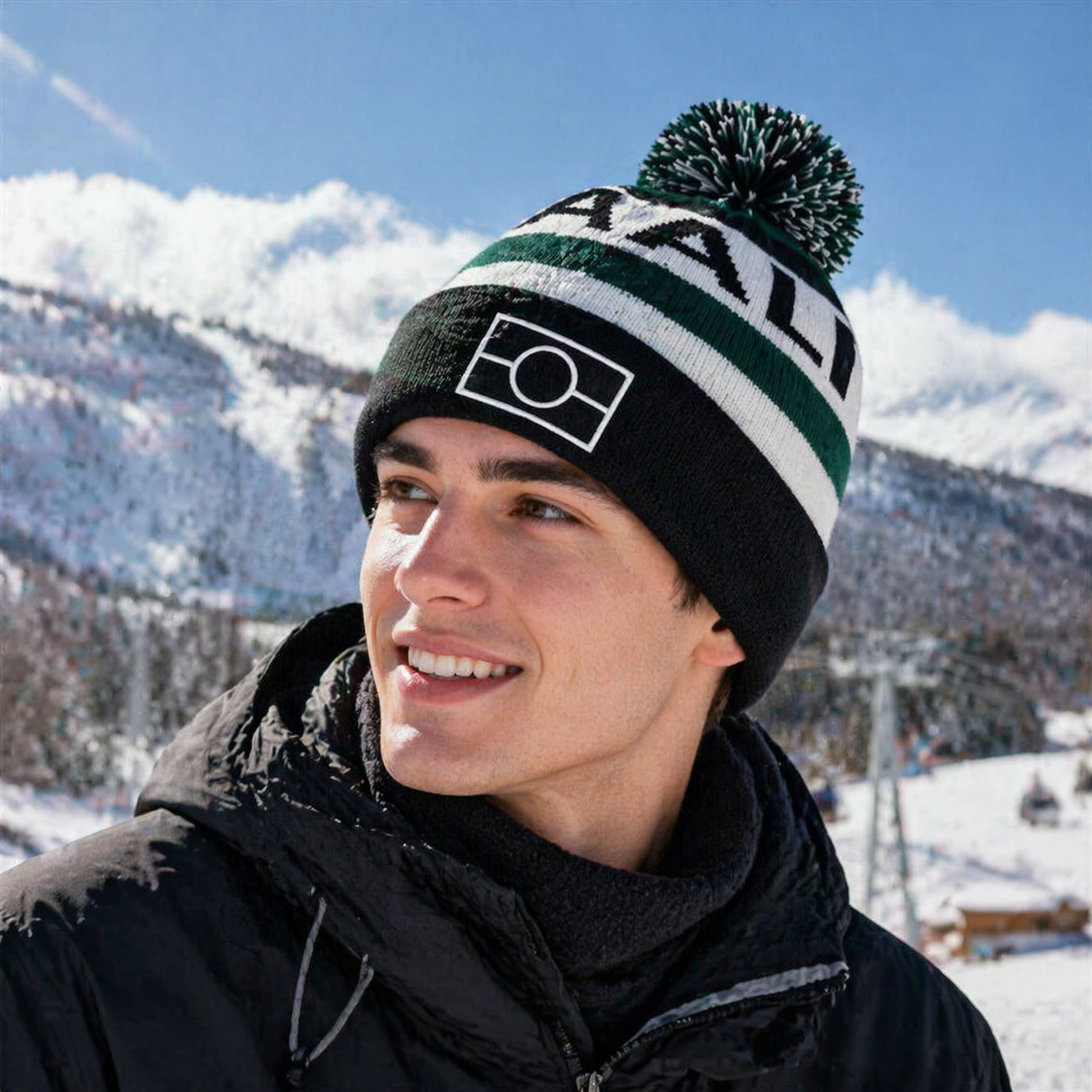 Winter Pom Pom Knitted Beanie Hat Jacquard Cuffed Warm Ski Cap