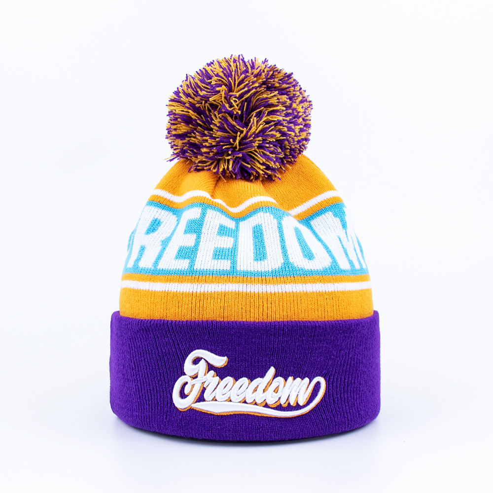 Purple Orange and Sky Blue Freedom Jacquard Pom-Pom Cuffed Beanie