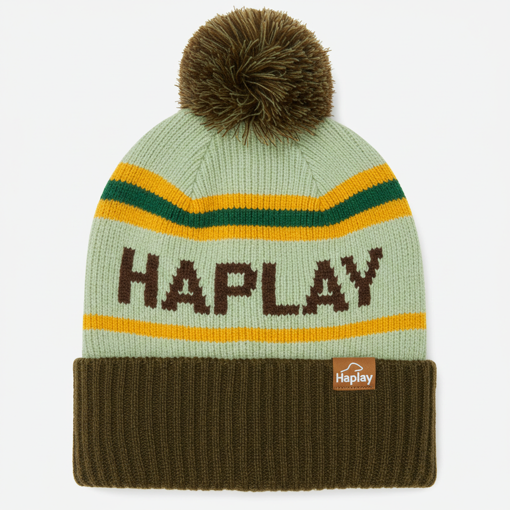 Color Block Pom Pom Jacquard Knit Winter Beanie with Folded Cuff