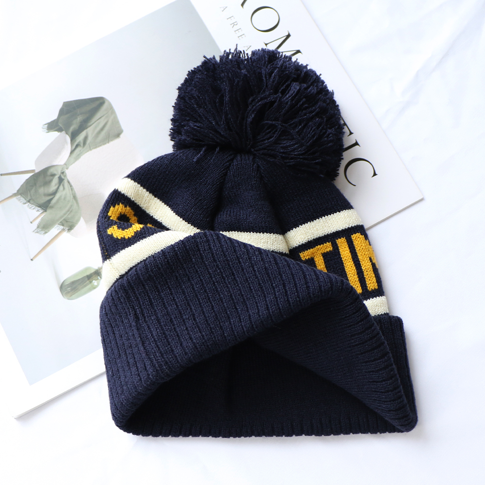 Classic Letter Jacquard Pom Pom Knit Beanie Hat Winter Cuffed Cap