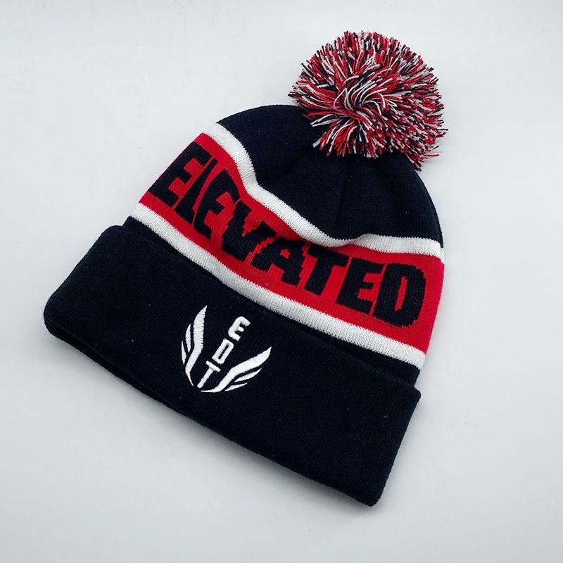 Elevated Jacquard Pom Pom Winter Beanie Hat with Cuffed Design