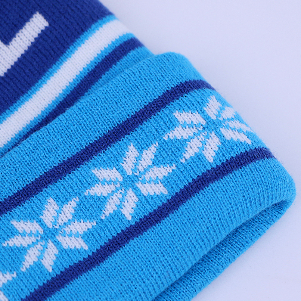 Blue Snowflake Jacquard Pom Pom Cuffed Knit Beanie