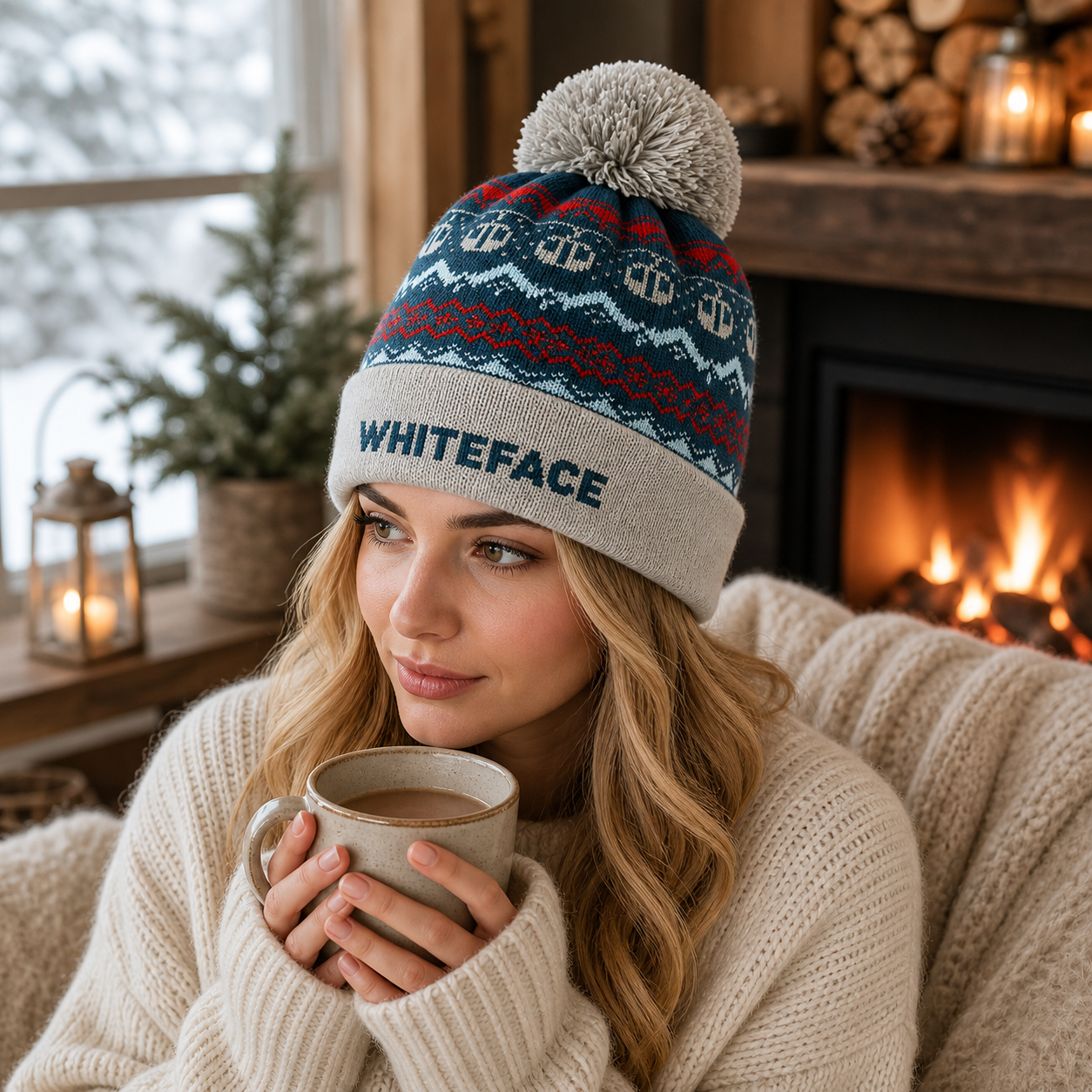 WHITEFACE Jacquard Pom Pom Knitted Beanie Hat