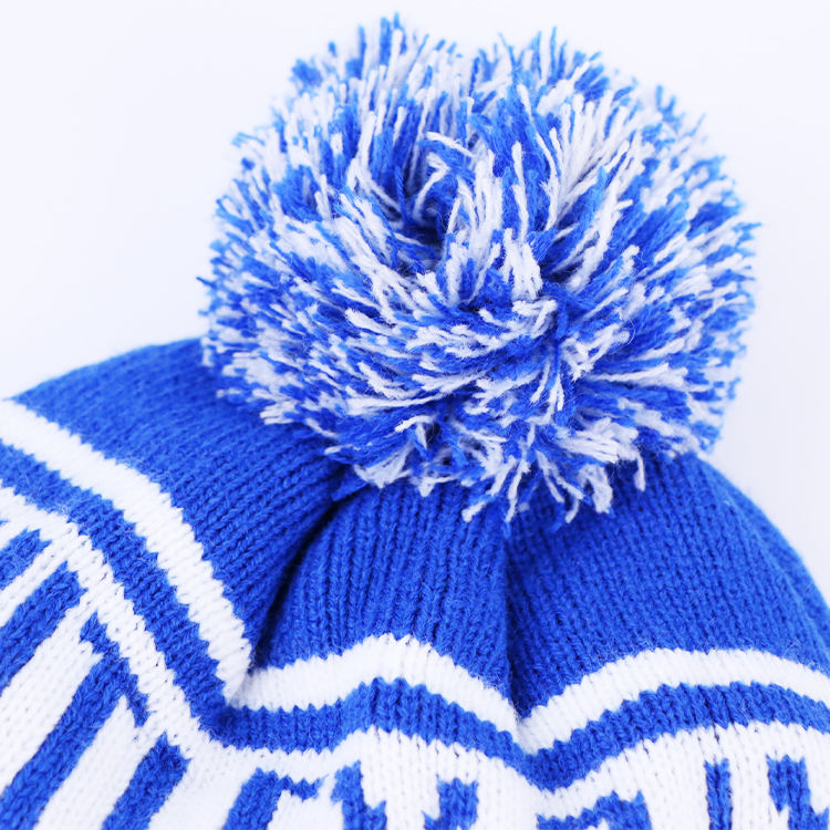 White Bay Sporting Club Blue Cuffed Pom Pom Jacquard Knit Beanie Hat