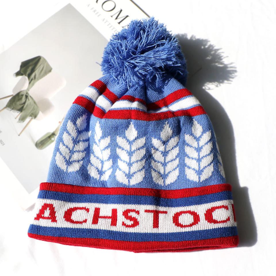 Blue Wheat Pattern Jacquard Pom-Pom Cuffed Beanie