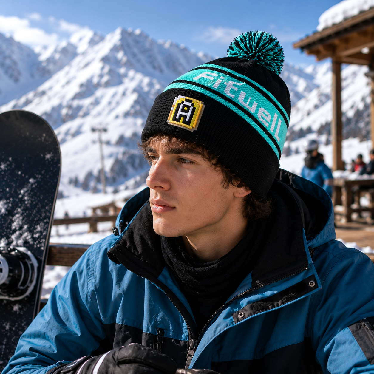 Black & Mint Jacquard Pom Pom Beanie with Letter Patch