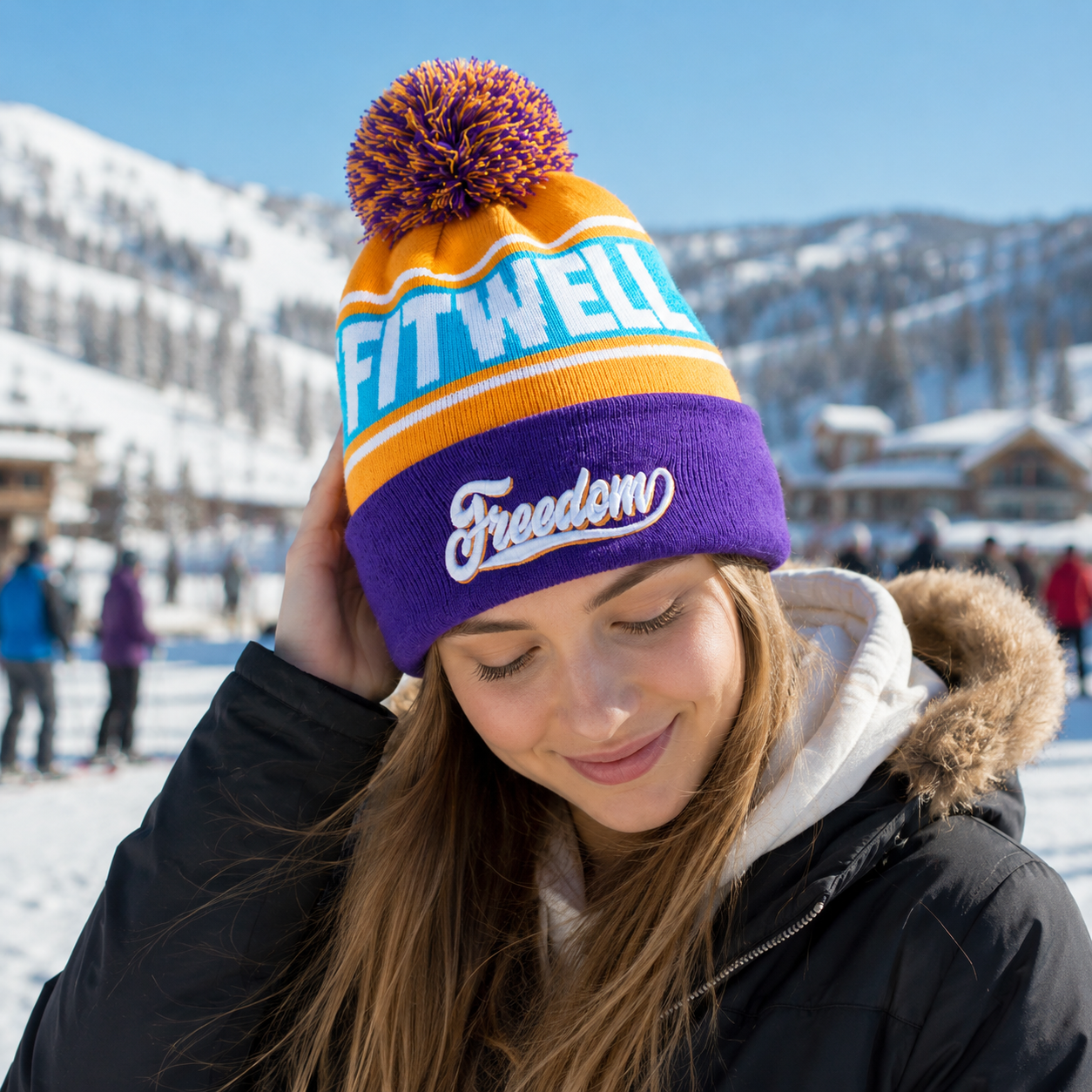 Purple Orange and Sky Blue Freedom Jacquard Pom-Pom Cuffed Beanie