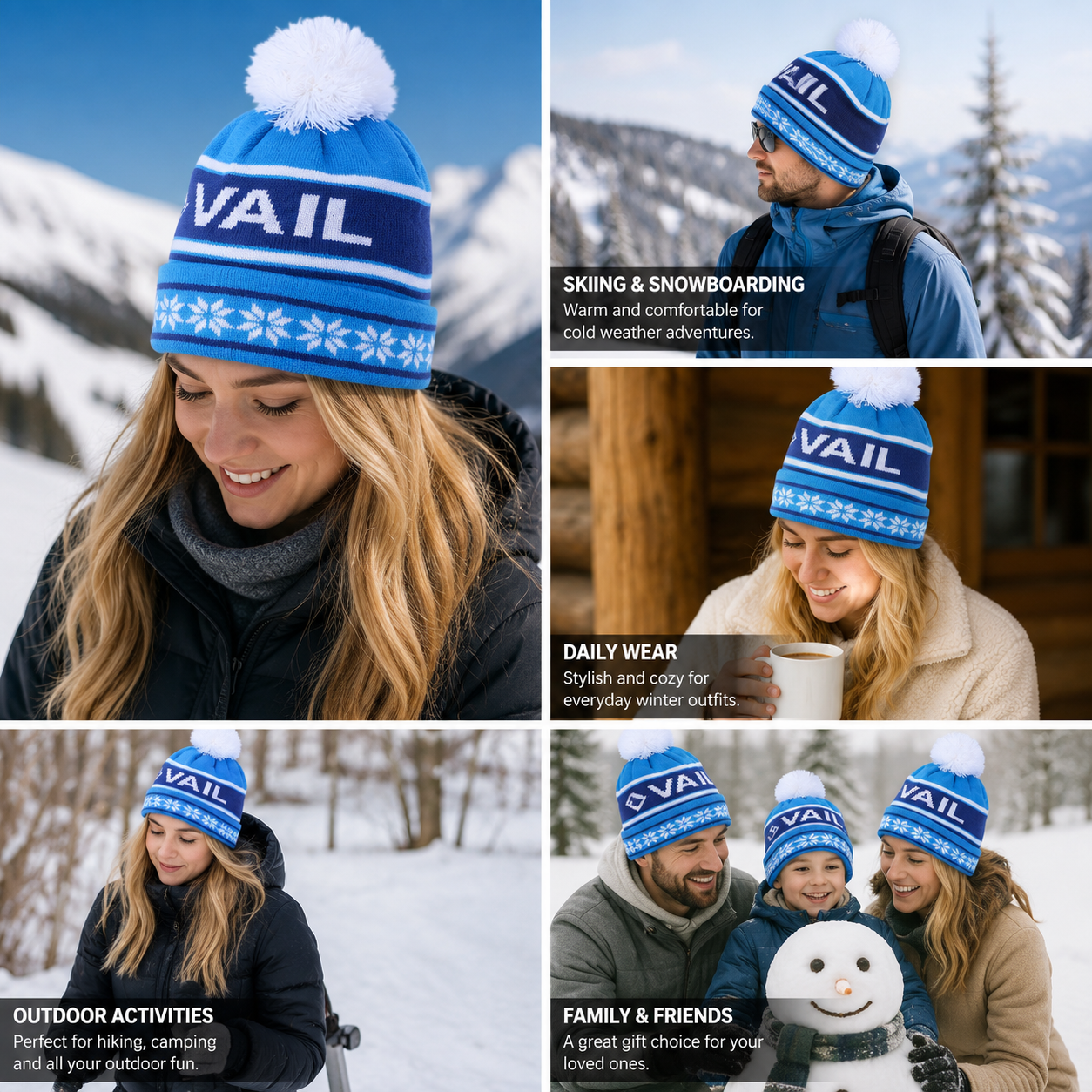 Blue Snowflake Jacquard Pom Pom Cuffed Knit Beanie