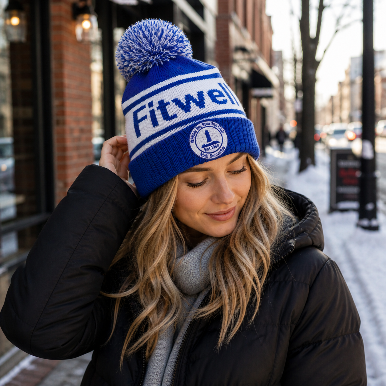 White Bay Sporting Club Blue Cuffed Pom Pom Jacquard Knit Beanie Hat