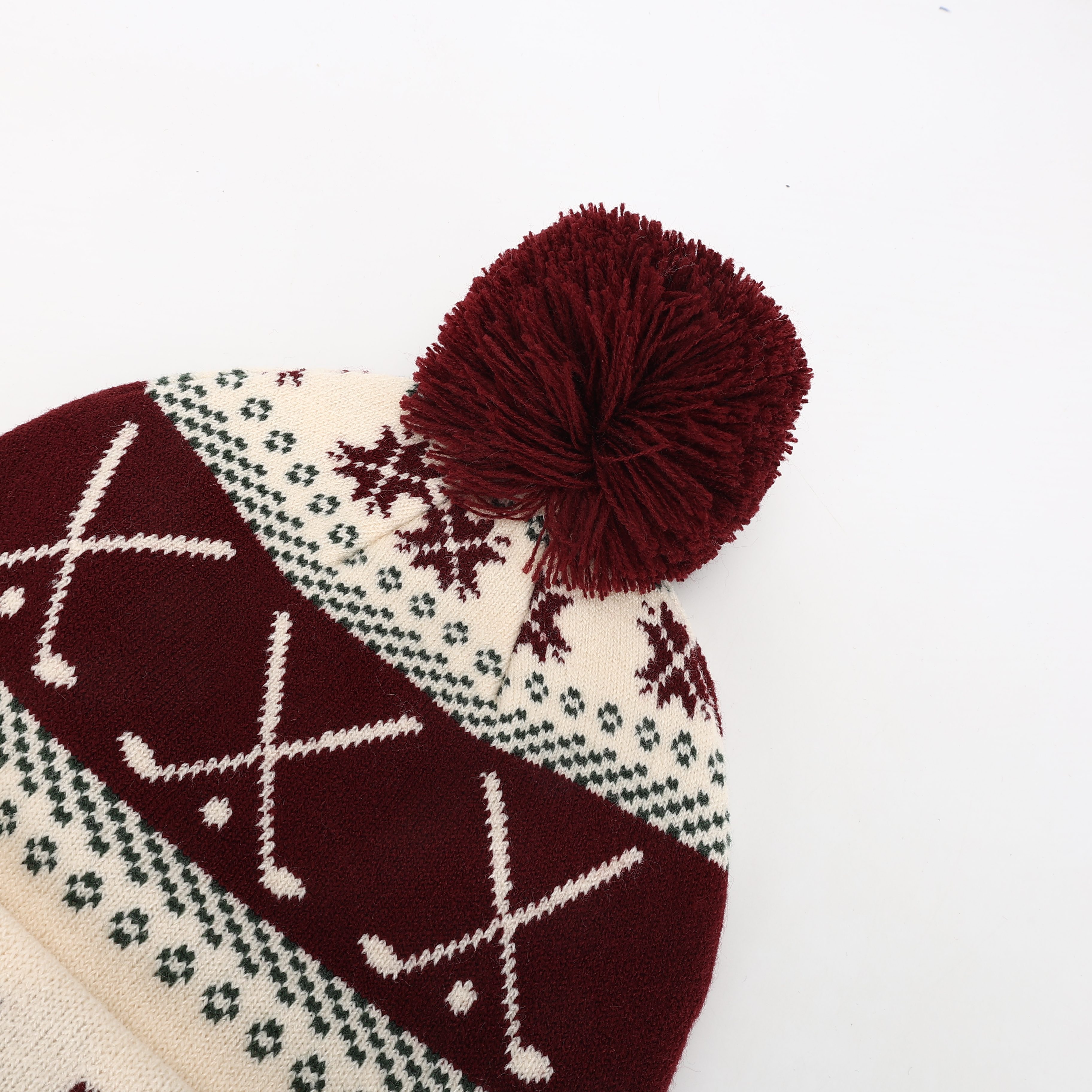 Burgundy Cream Golf Club Jacquard Pom Pom Cuffed Beanie