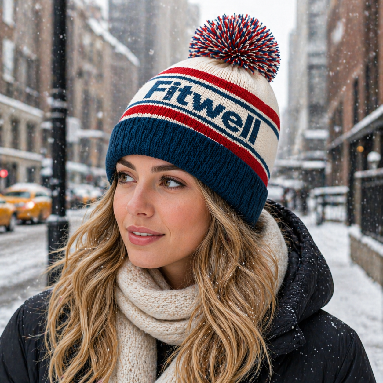 Retro Jacquard Pom Pom Winter Beanie Hat with Bold Letter Design