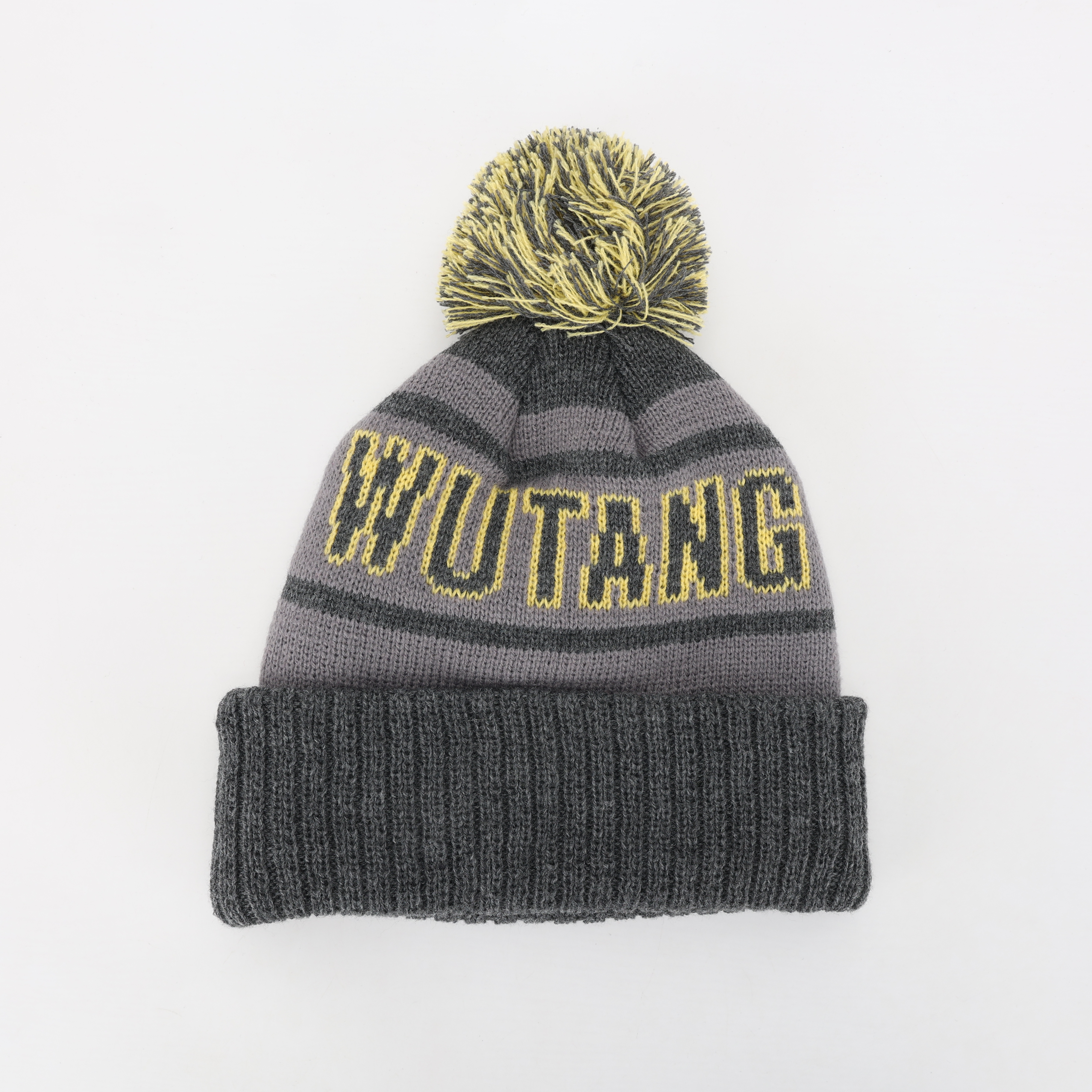 Gray Yellow Jacquard Pom Pom Cuffed Knit Beanie Hat