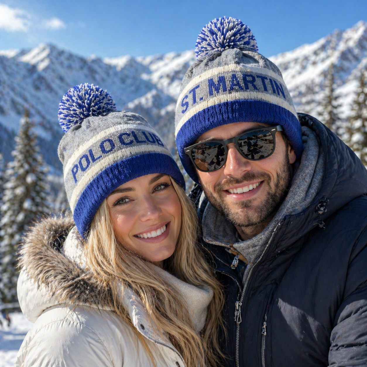 Blue Grey Striped Pom Pom Knitted Beanie Hat with Letter Jacquard Cuff