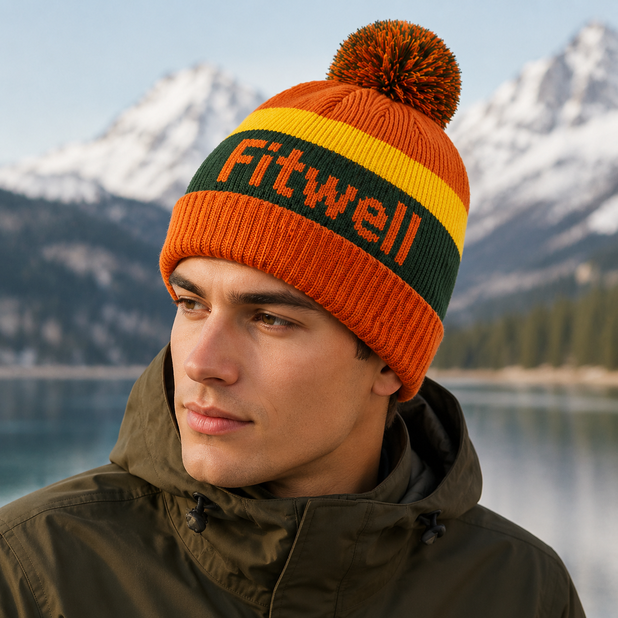 Color Block Pom Pom Jacquard Knit Winter Beanie with Folded Cuff