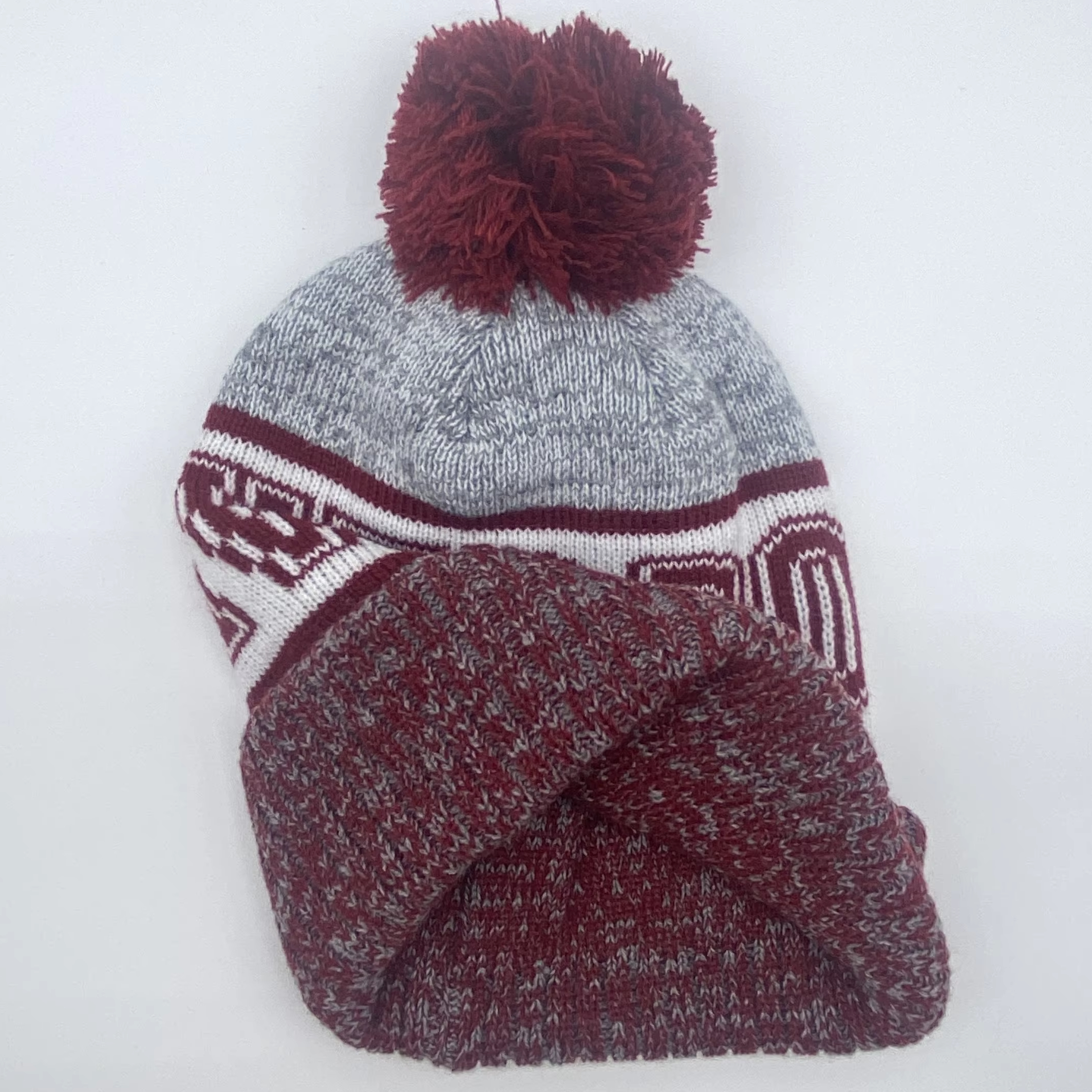 Burgundy Grey Pom Pom Cuffed Jacquard Knit Beanie Hat