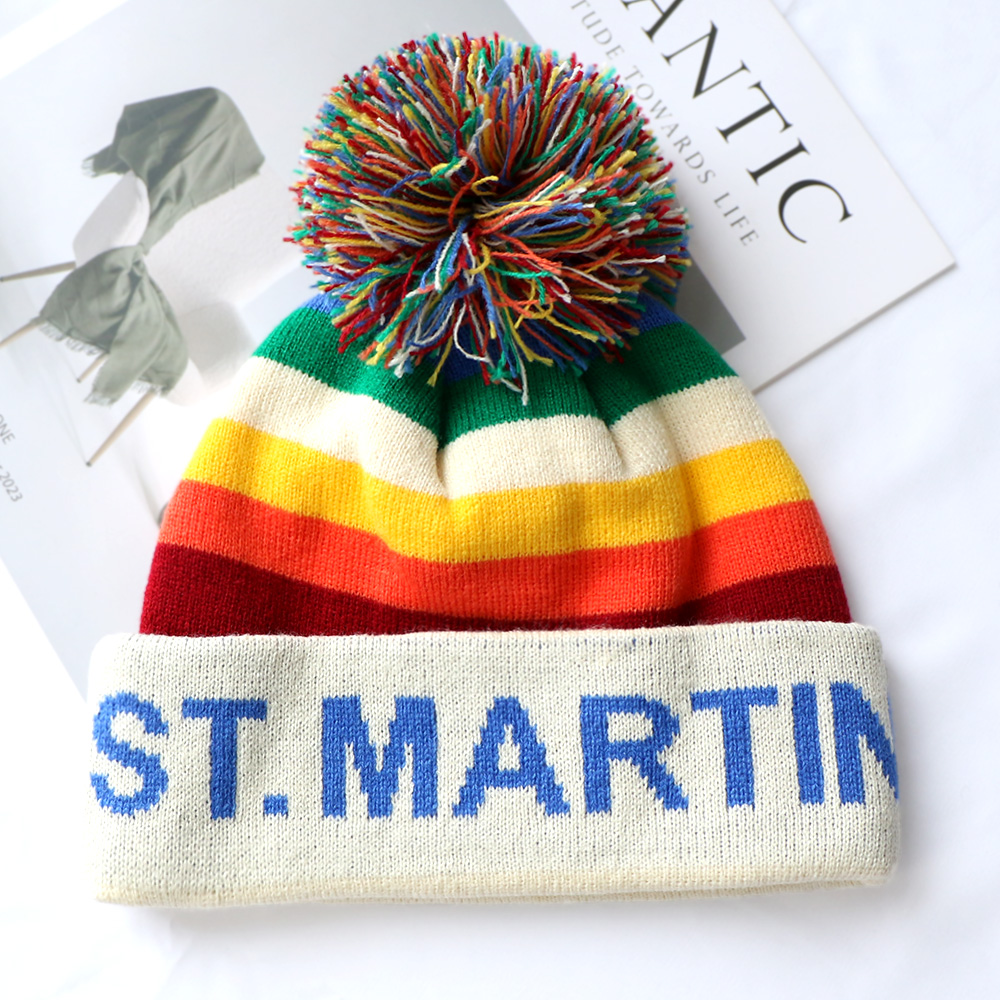 POLO CLUB Rainbow Stripe Pom-Pom Cuffed Knit Beanie