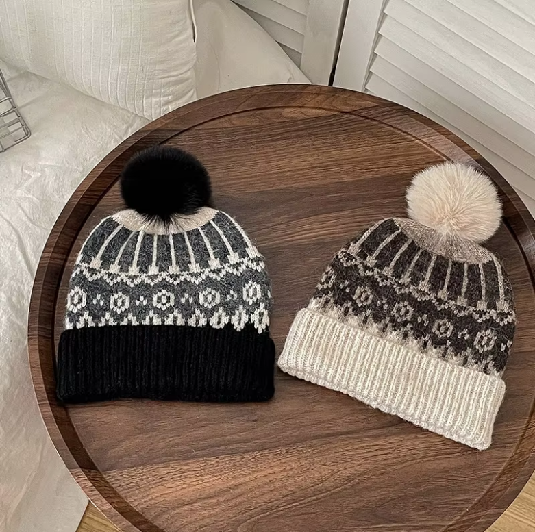 Winter Jacquard Knitted Beanie Hat with Faux Fur Pom Pom and Ribbed Cuff