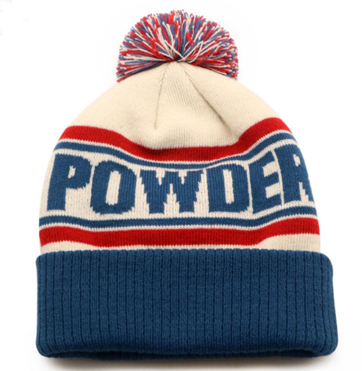 Retro Jacquard Pom Pom Winter Beanie Hat with Bold Letter Design