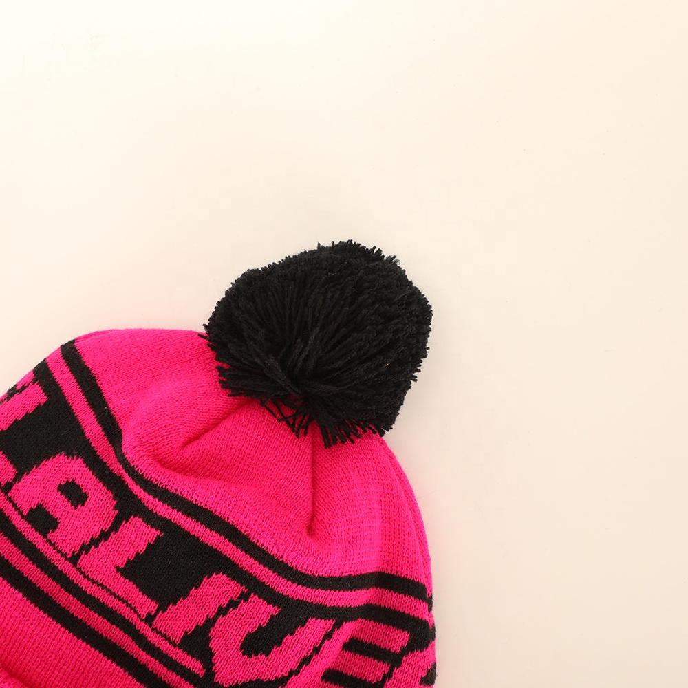 Winter Pom Pom Knitted Beanie Hat with Bold Letter Jacquard Cuffed Design