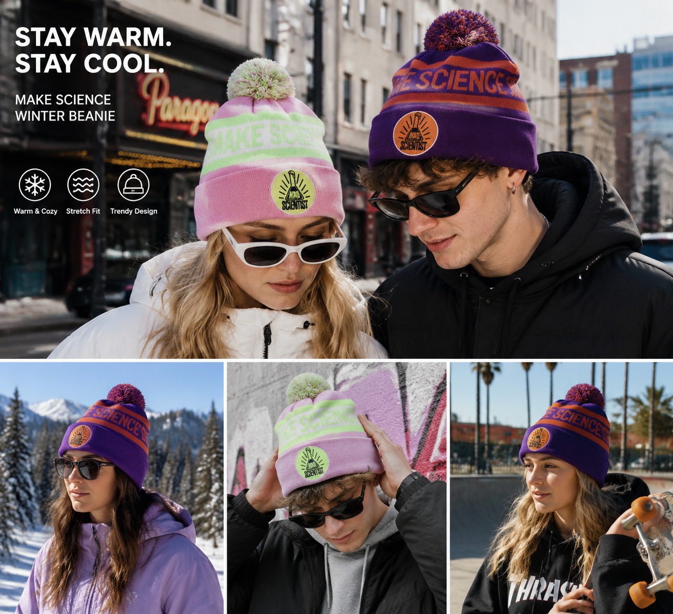 Colorful Jacquard Pom Pom Knit Beanie Hat Set – Winter Warm Street Style Caps