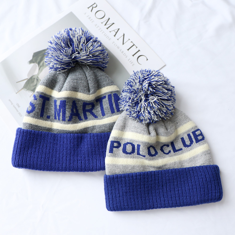 Blue Grey Striped Pom Pom Knitted Beanie Hat with Letter Jacquard Cuff