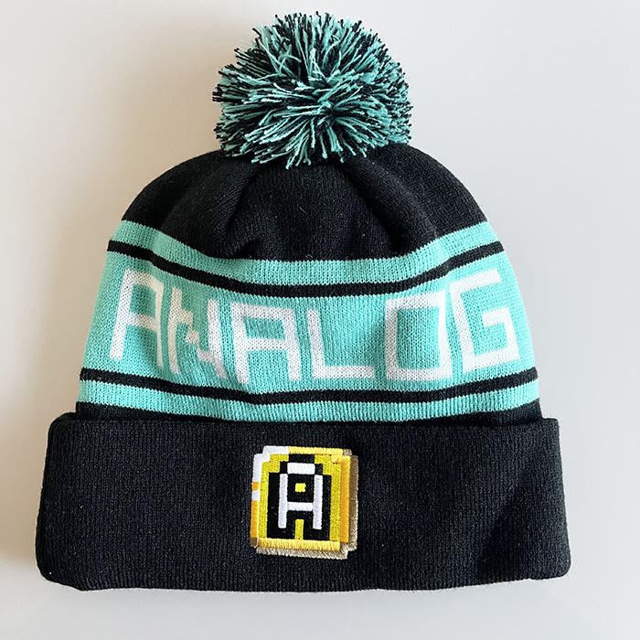 Black & Mint Jacquard Pom Pom Beanie with Letter Patch