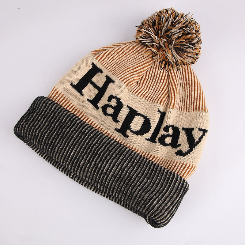 Letter Jacquard Cuffed Pom Pom Knit Beanie Hat