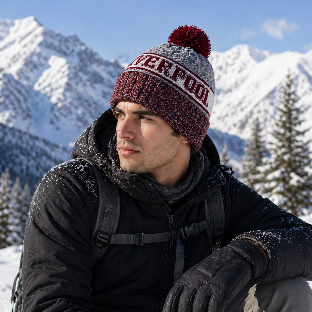 Burgundy Grey Pom Pom Cuffed Jacquard Knit Beanie Hat