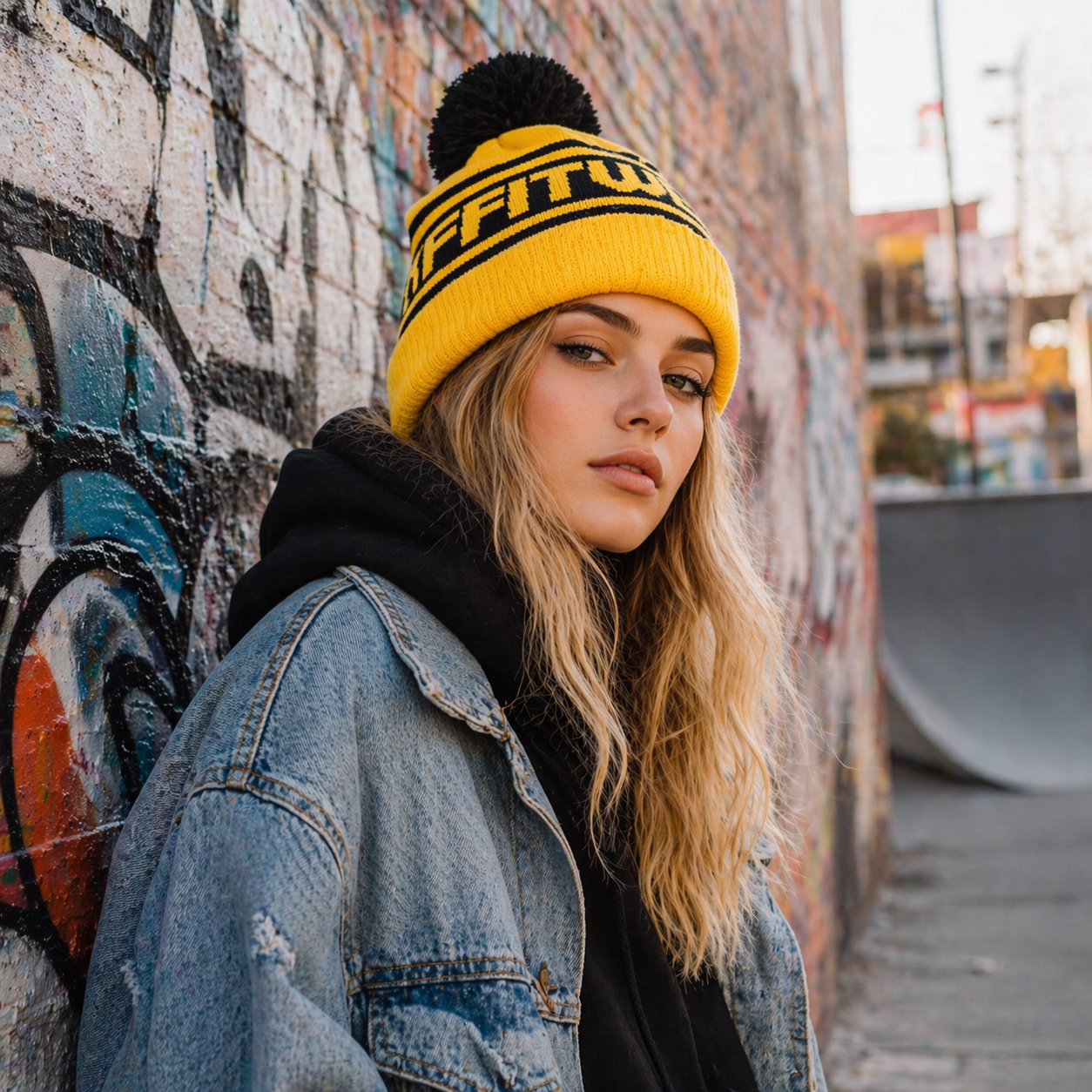 Winter Pom Pom Knitted Beanie Hat with Bold Letter Jacquard Cuffed Design