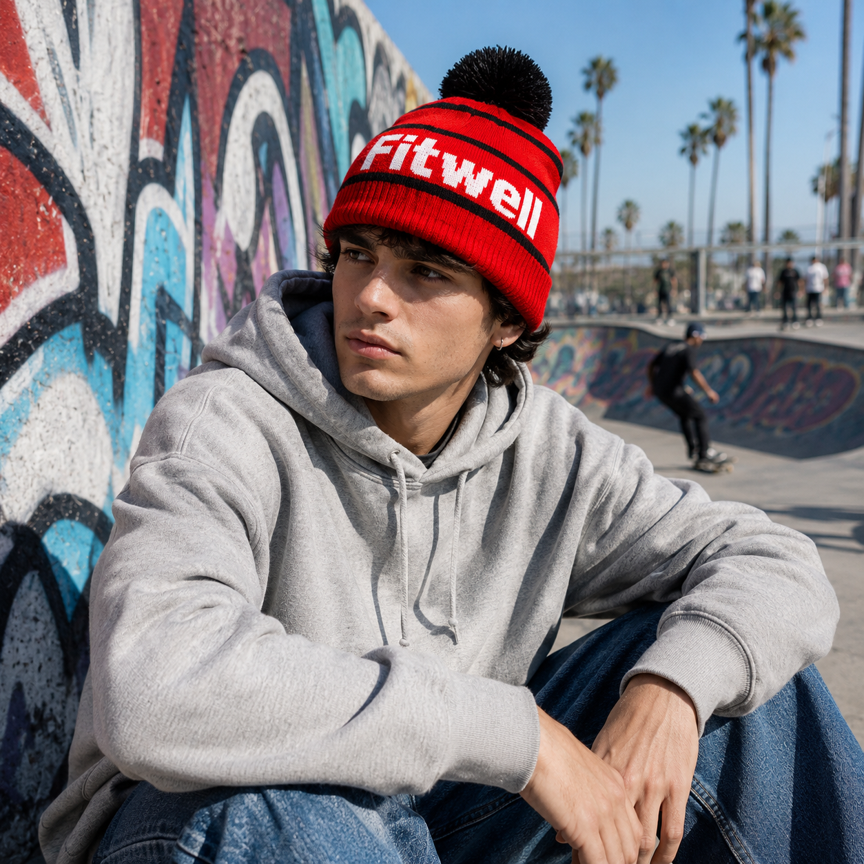 Red TRINI Jacquard Pom Pom Knitted Beanie Hat