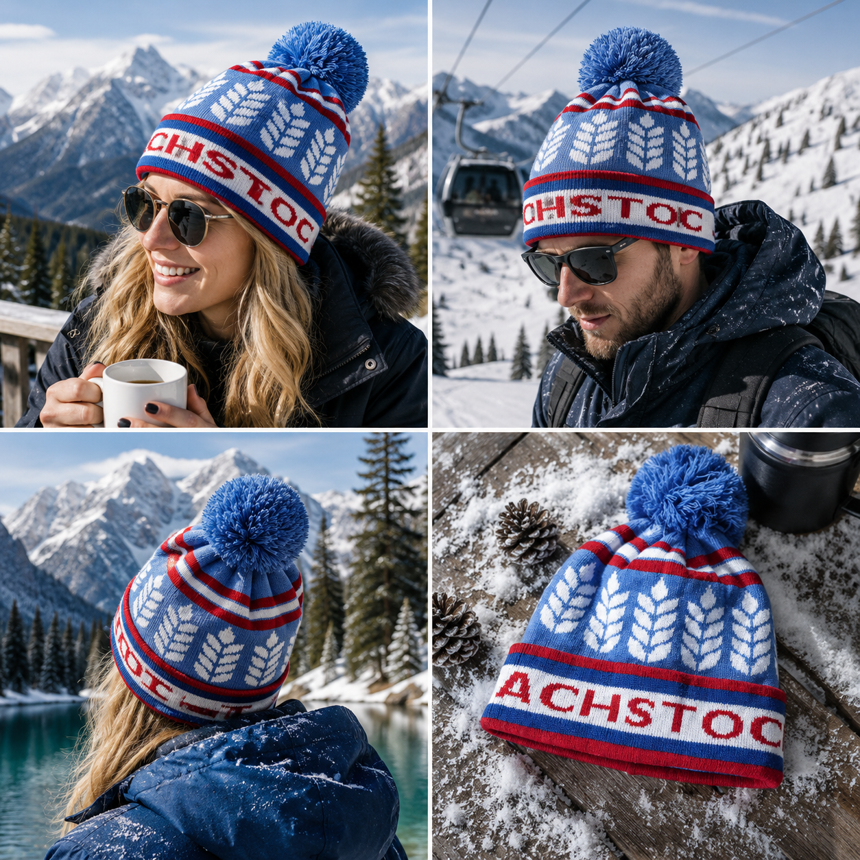 Blue Wheat Pattern Jacquard Pom-Pom Cuffed Beanie