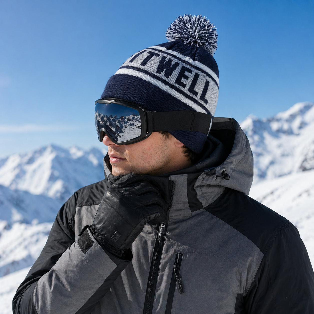 Navy and White Pom Pom Beanie with Frankston Basketball Jacquard Logo