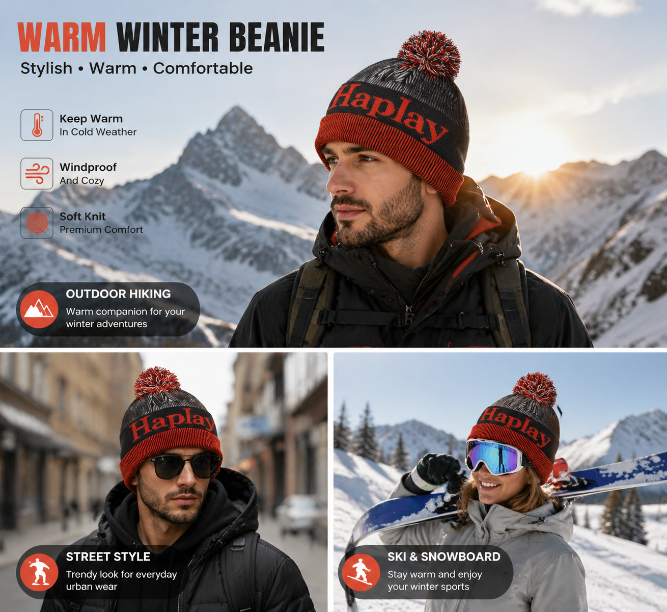 Letter Jacquard Cuffed Pom Pom Knit Beanie Hat