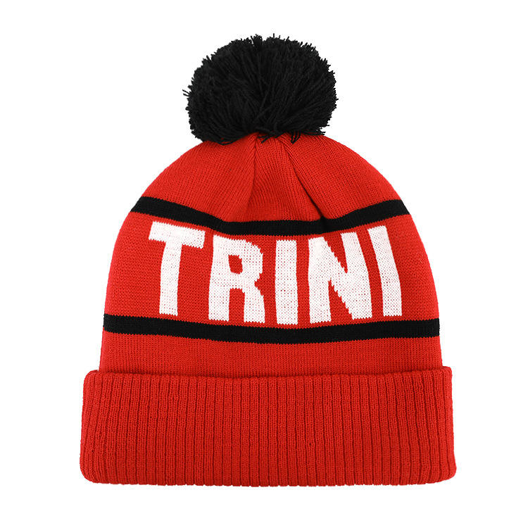 Red TRINI Jacquard Pom Pom Knitted Beanie Hat