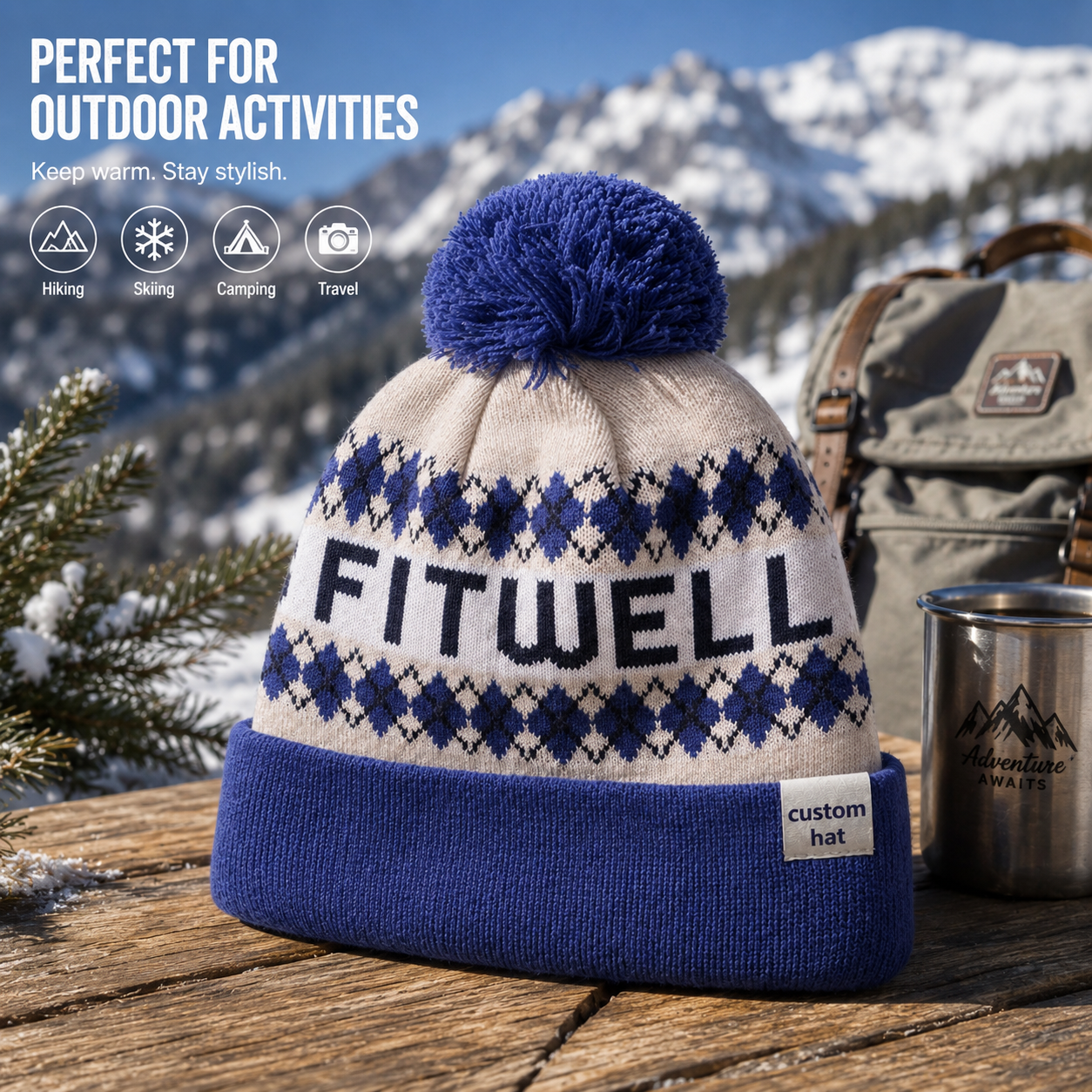 Navy Blue Cream Nordic Jacquard Pom Pom Cuffed Knit Beanie