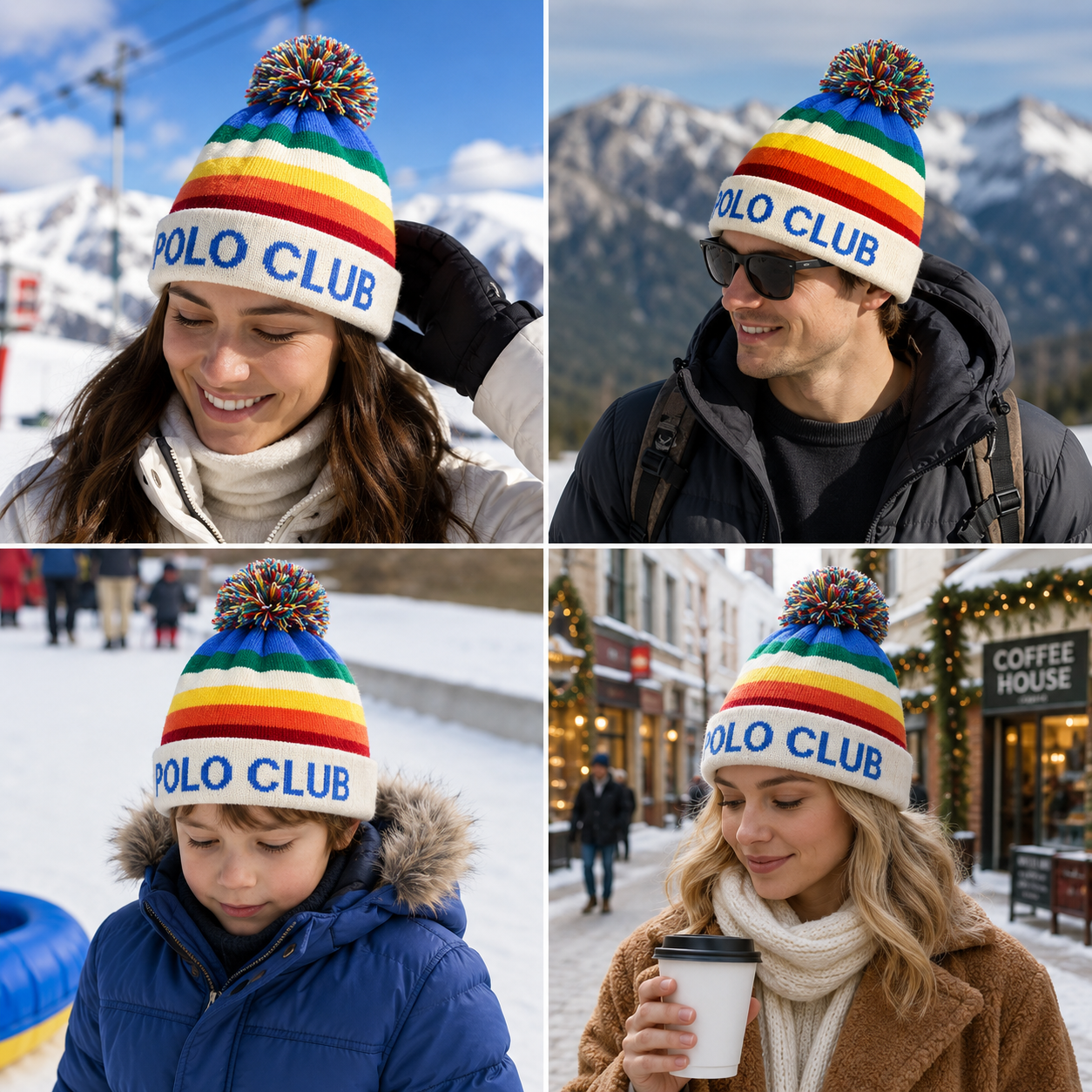 POLO CLUB Rainbow Stripe Pom-Pom Cuffed Knit Beanie