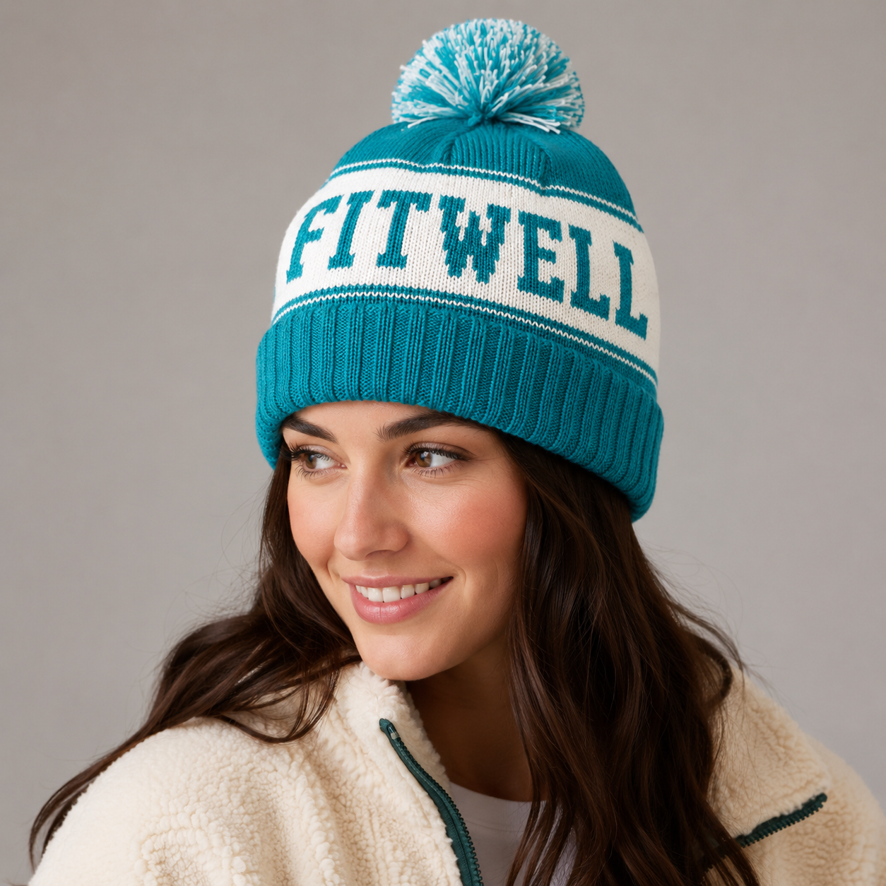 Two-Tone Pom Pom Cuffed Jacquard Knit Beanie Hat