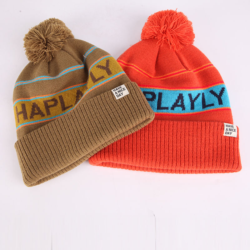 Striped Pom Pom Cuffed Jacquard Knit Beanie Hat
