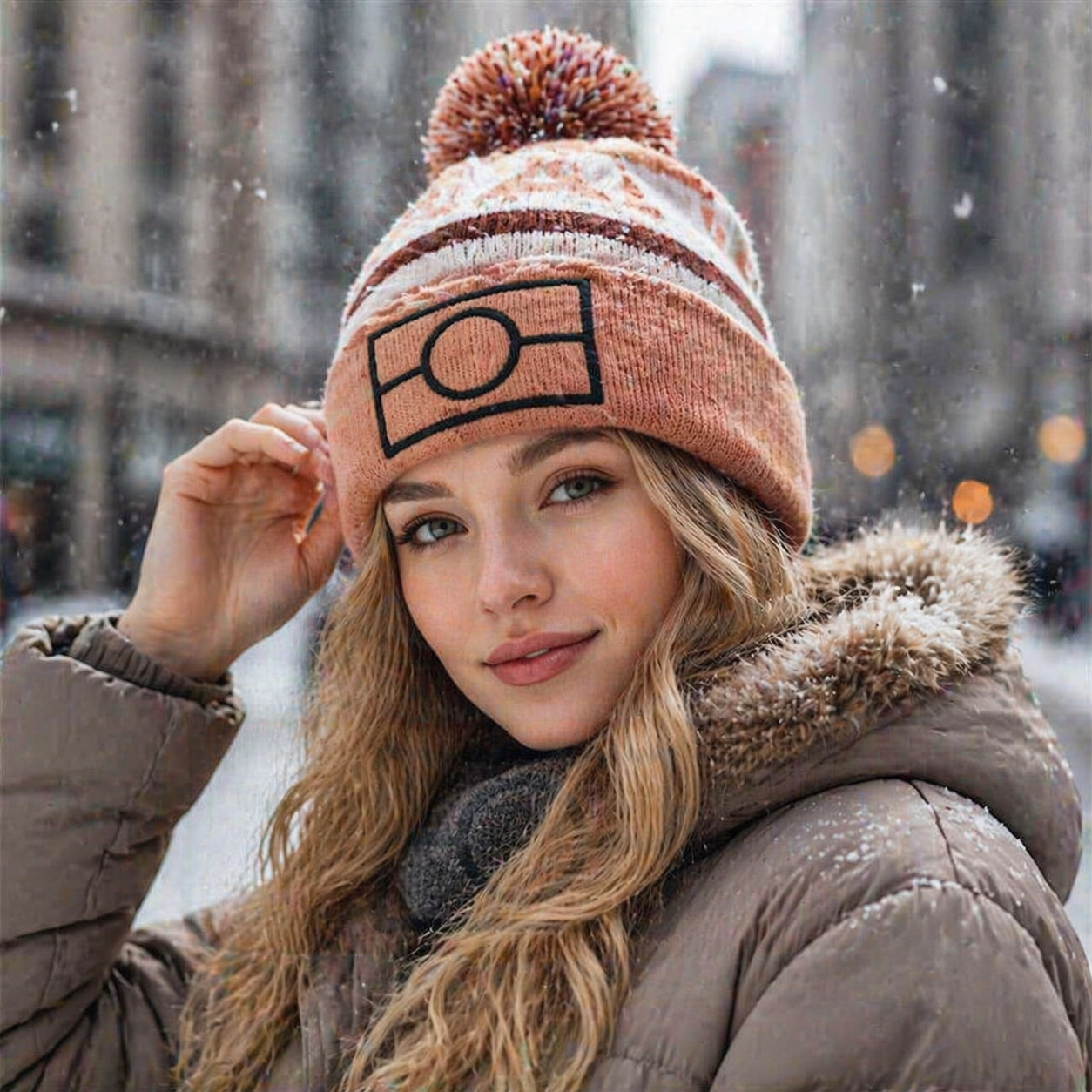 Winter Pom Pom Knitted Beanie Hat Jacquard Cuffed Warm Ski Cap
